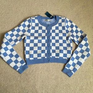 NWT Hollister Knit Cardigan Blue and White Checkered Cropped